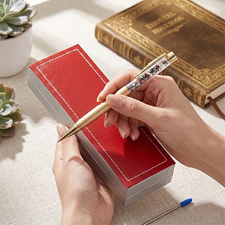 GIFT DEAL-  Multi-Gemstone (Tanzanite, Emerald, Ruby ,Sapphire) PEN (Size`- 8x1.5x6 cm) with Extra Refil - Multi Colour