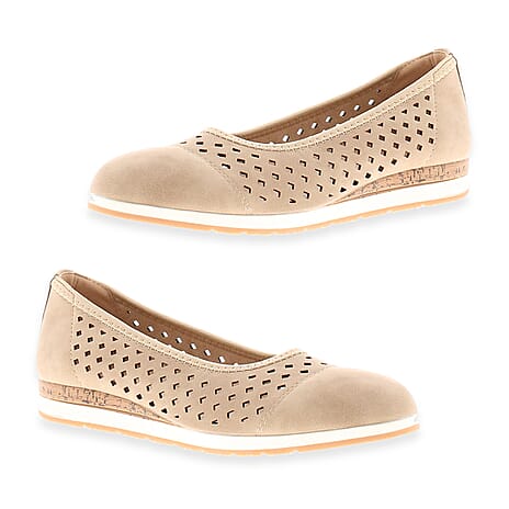 Dr Keller Jilly Ladies Beige Faux Nubuck Leather Cutwork Comfort Casual Slip On Ballerinas (Size 7) - Beige