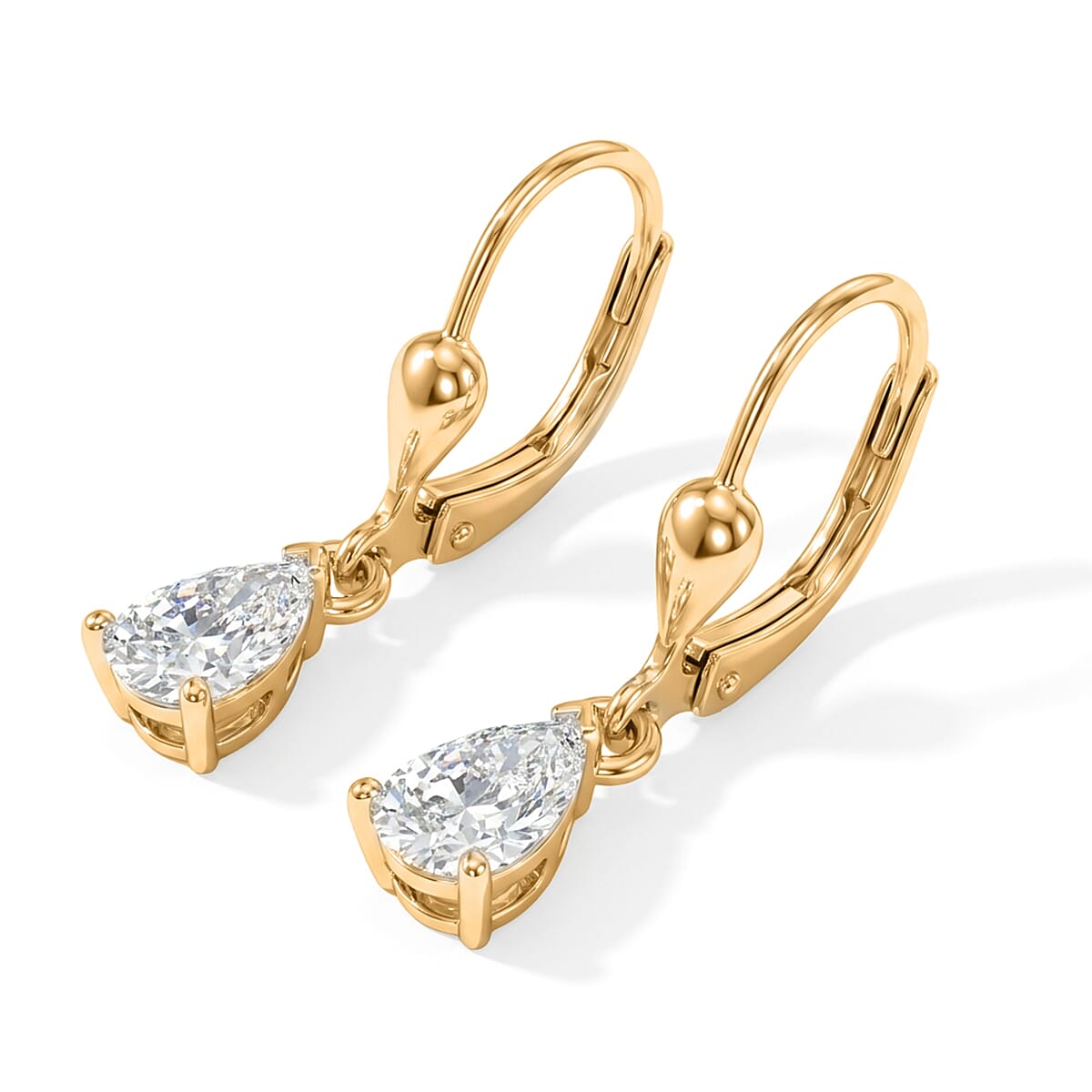 Luxuriant - Lab Grown Diamond (SI-G-H) Pear Cut Solitaire Earring with Lever Back in 18K Vermeil Yellow Gold Plated Sterling Silver 1.00 Ct.