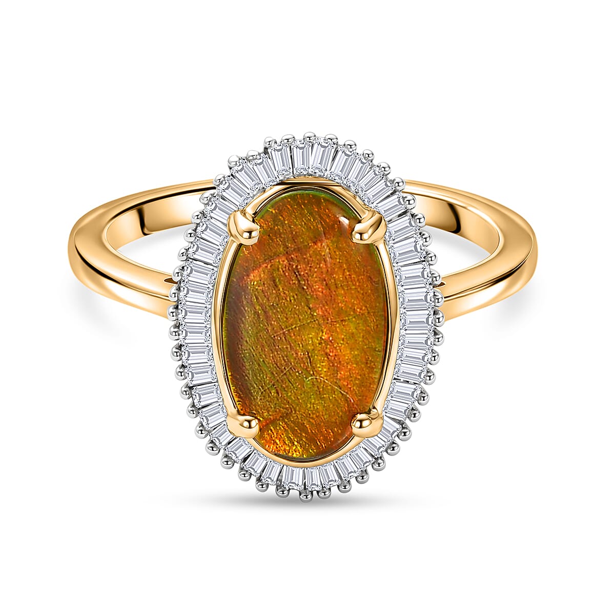 D'Joy - Ammolite & Natural White Diamond Halo Ring in 18K Vermeil Yellow Gold Plated Sterling Silver 2.47 Ct.