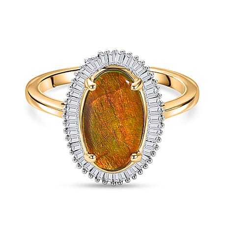 D'Joy - Ammolite & Natural White Diamond Halo Ring in 18K Vermeil Yellow Gold Plated Sterling Silver 2.47 Ct.