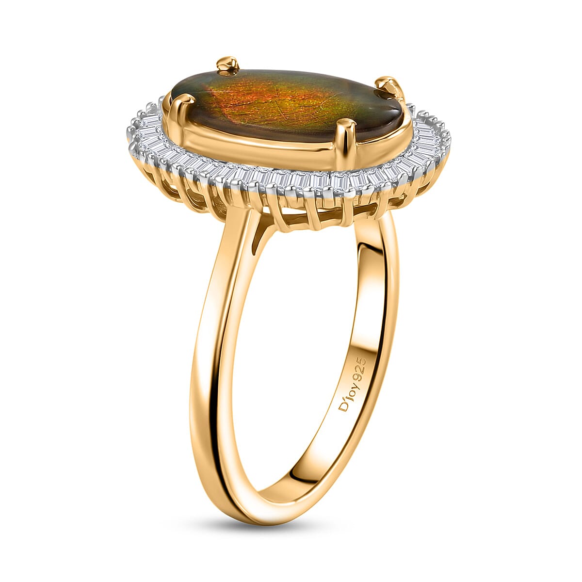 D'Joy - Ammolite & Natural White Diamond Halo Ring in 18K Vermeil Yellow Gold Plated Sterling Silver 2.47 Ct.