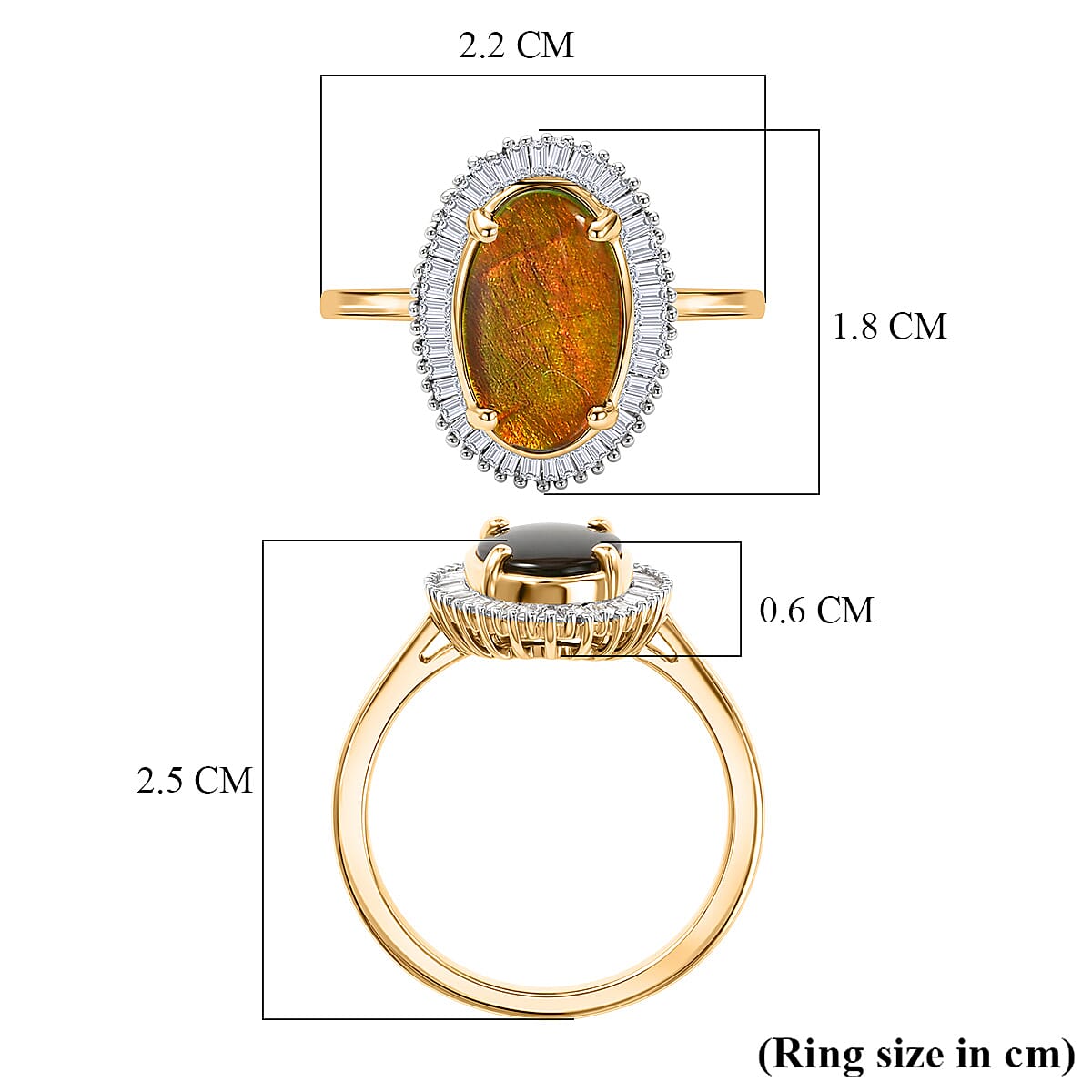 D'Joy - Ammolite & Natural White Diamond Halo Ring in 18K Vermeil Yellow Gold Plated Sterling Silver 2.47 Ct.