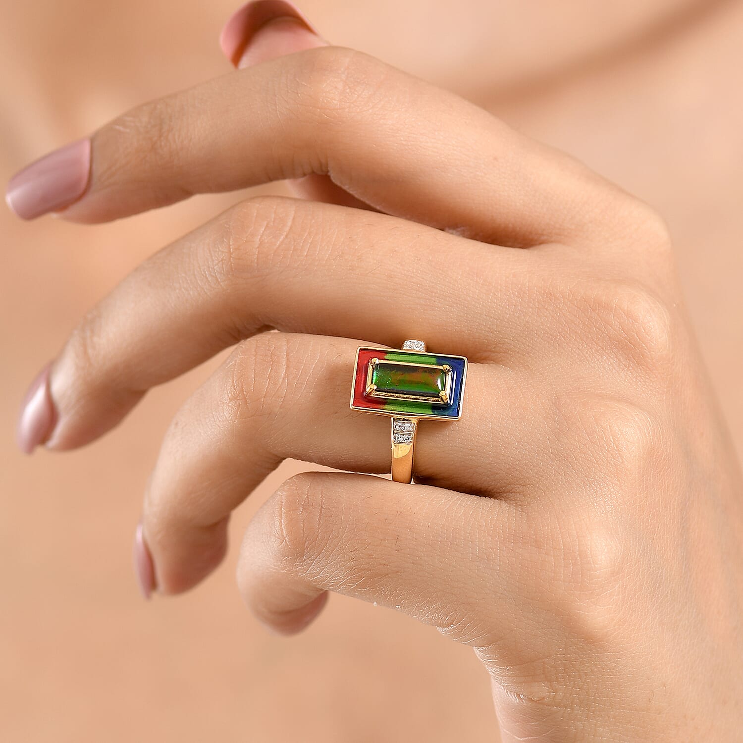 Luxuriant - Ammolite & Lab Grown Diamond (SI-G-H) Prismatic Ring in 18K Vermeil Yellow Gold Plated Sterling Silver 1.20 Ct.