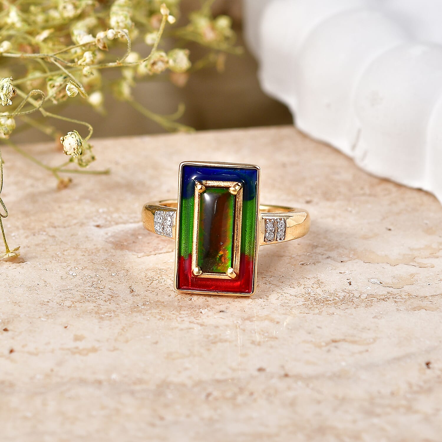 Luxuriant - Ammolite & Lab Grown Diamond (SI-G-H) Prismatic Ring in 18K Vermeil Yellow Gold Plated Sterling Silver 1.20 Ct.