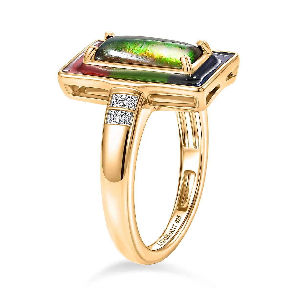 Luxuriant - Ammolite & Lab Grown Diamond (SI-G-H) Prismatic Ring in 18K Vermeil Yellow Gold Plated Sterling Silver 1.20 Ct.