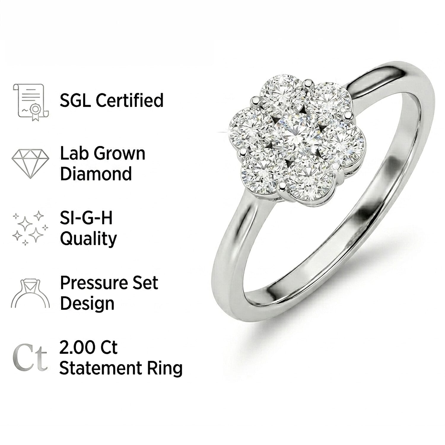 Luxuriant - SGL Certified Lab Grown Diamond (SI-G-H) Pressure Set Ring in Rhodium Overlay Sterling Silver 2.00 Ct.