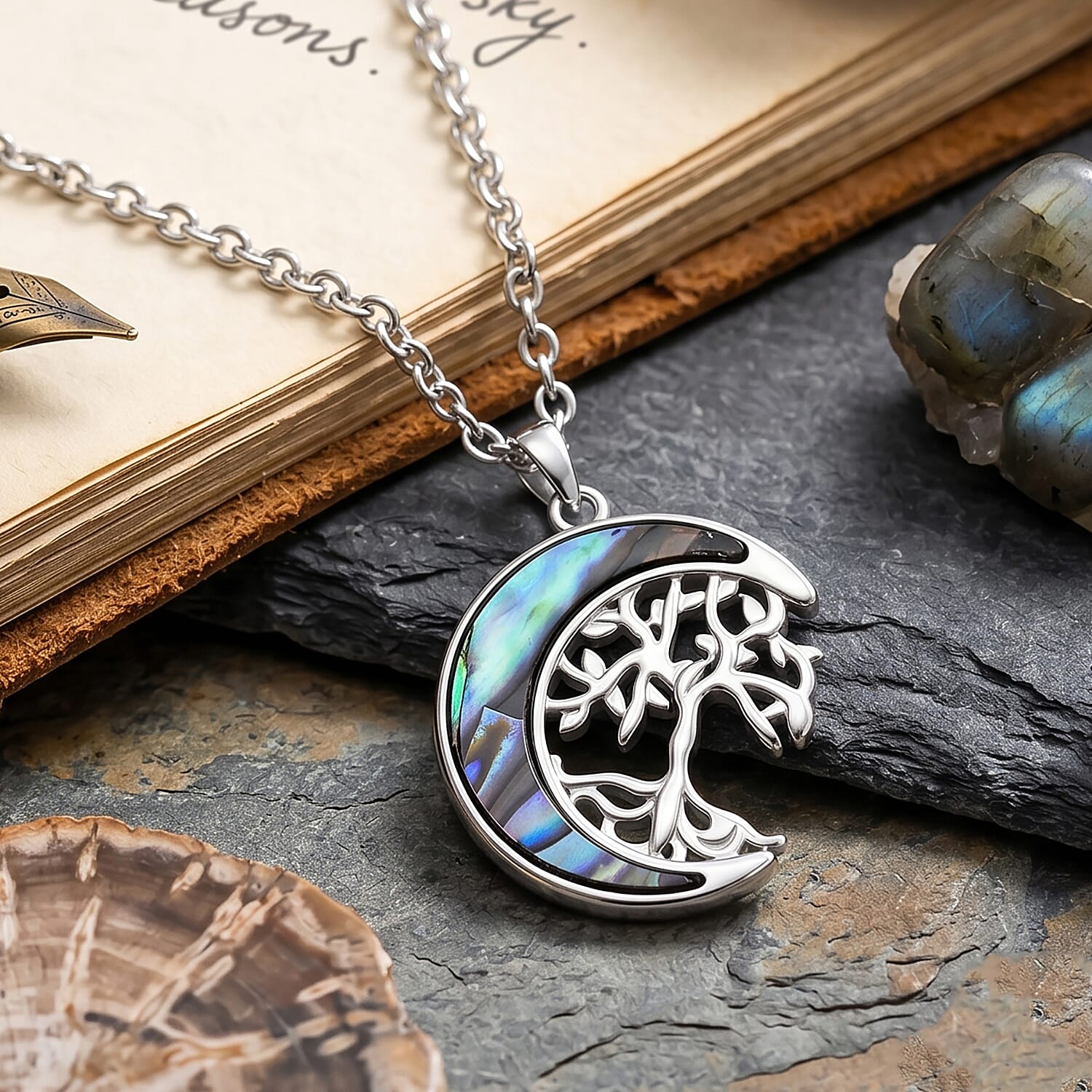 Abalone Shell Adjustable Tree of Life Necklace (Size - 20-2 Ext) 20.00 Ct.