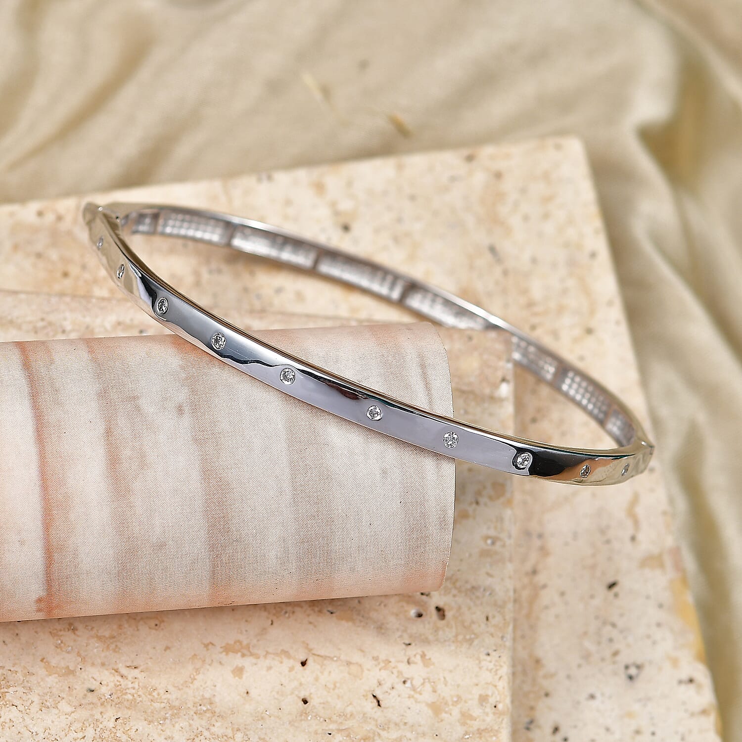 Luxuriant - Lab Grown Diamond (SI-G-H) Full Bangle (Size - 7.5) in Rhodium Overlay Sterling Silver 0.34 Ct, Silver Wt. 12.64 Gms