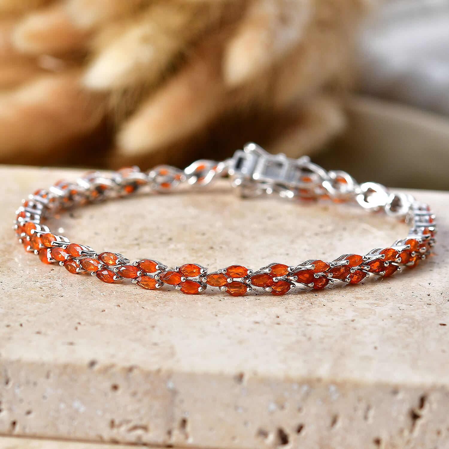 D'Joy - Fire Opal Tennis Bracelet (Size - 7.5) with GB Lock Box in Rhodium Overlay Sterling Silver 4.37 Ct.
