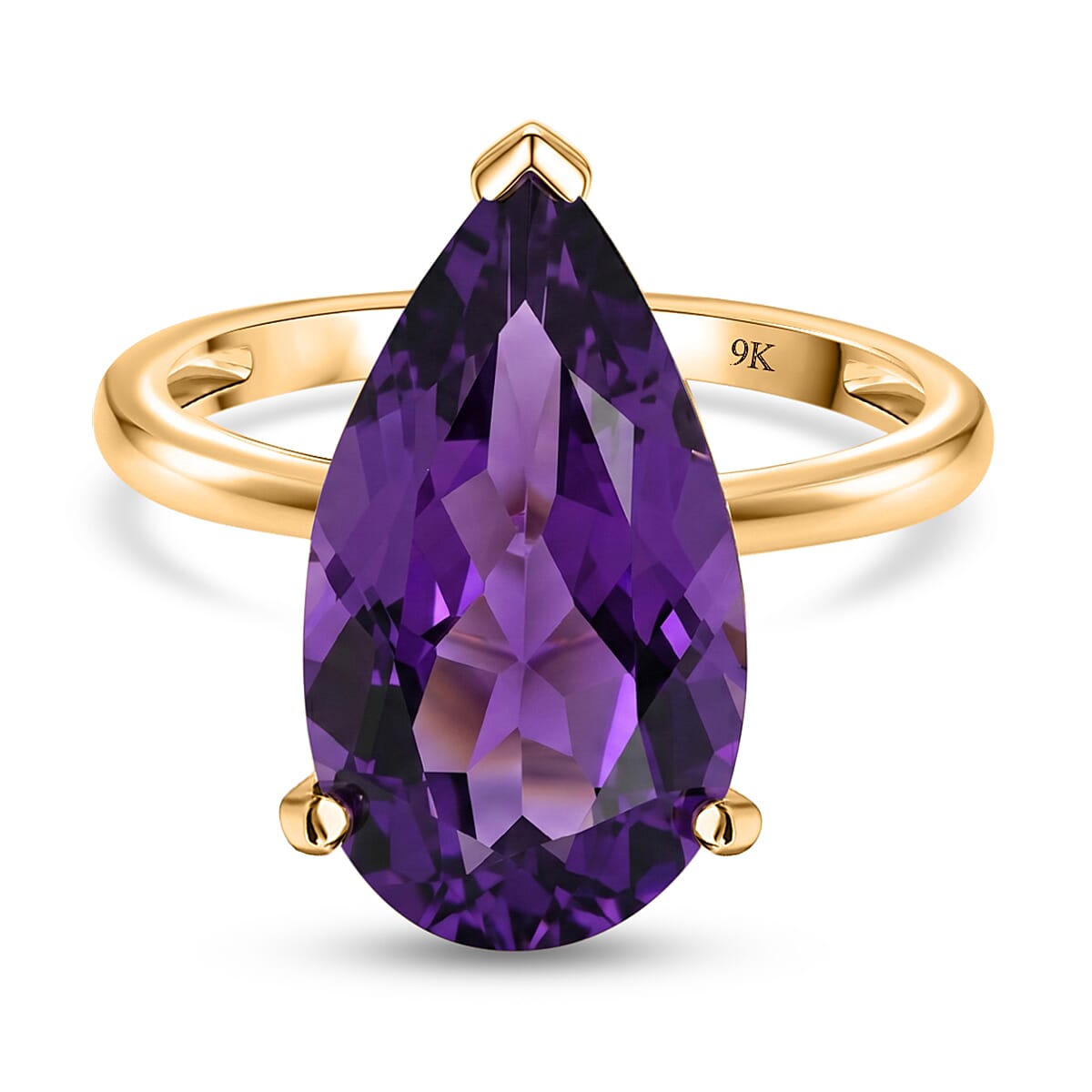 9K Yellow Gold AAA Zambian Amethyst Pear Cut Solitaire Ring 6.80 Ct.