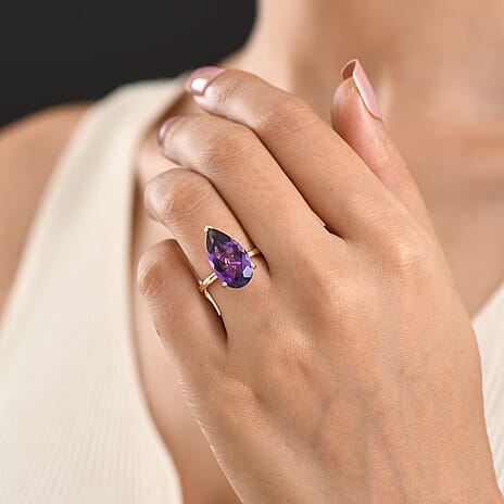 9K Yellow Gold AAA Zambian Amethyst Pear Cut Solitaire Ring 6.80 Ct.