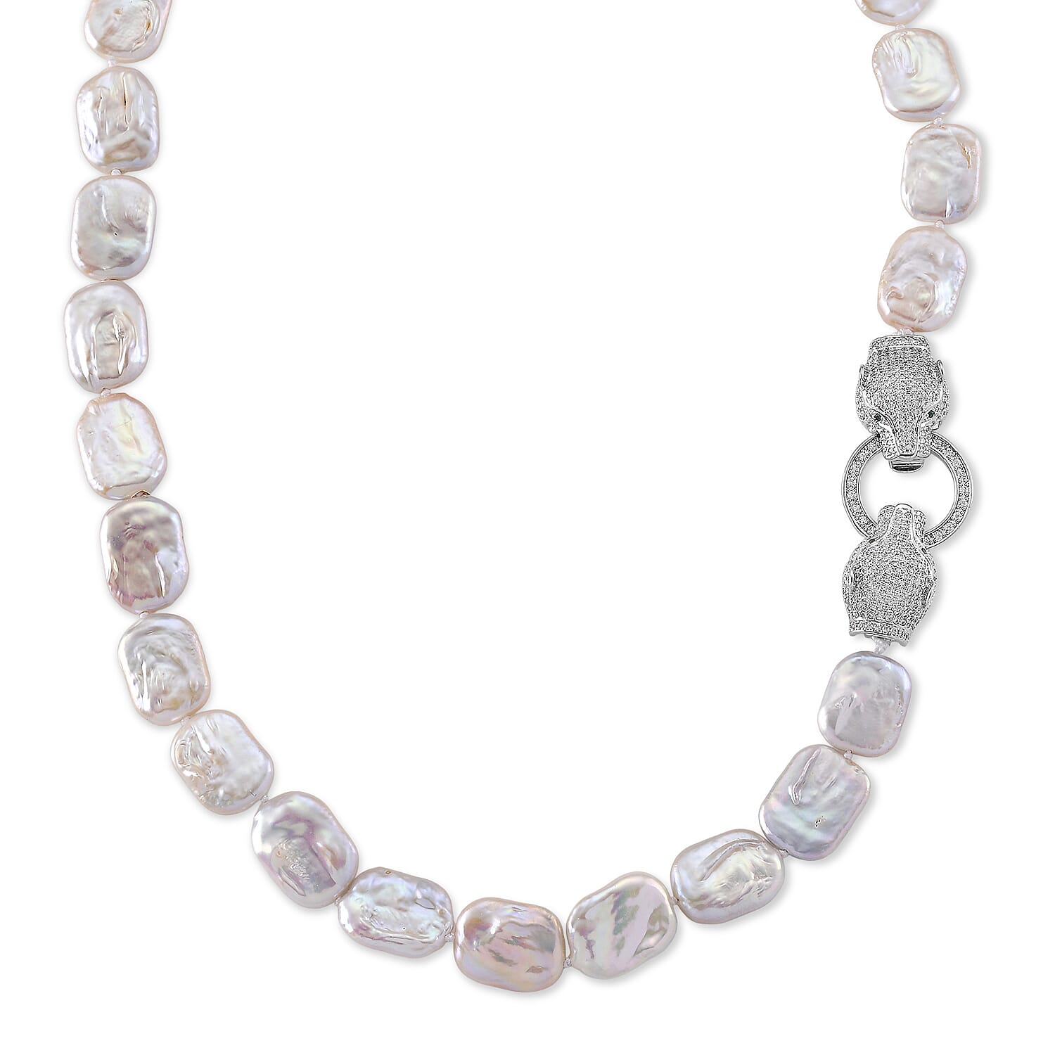 White Keshi Pearl, White Cubic Zirconia & Green Cubic Zirconia Beads Necklace with Clasp (Size - 20) 202.00 Ct.