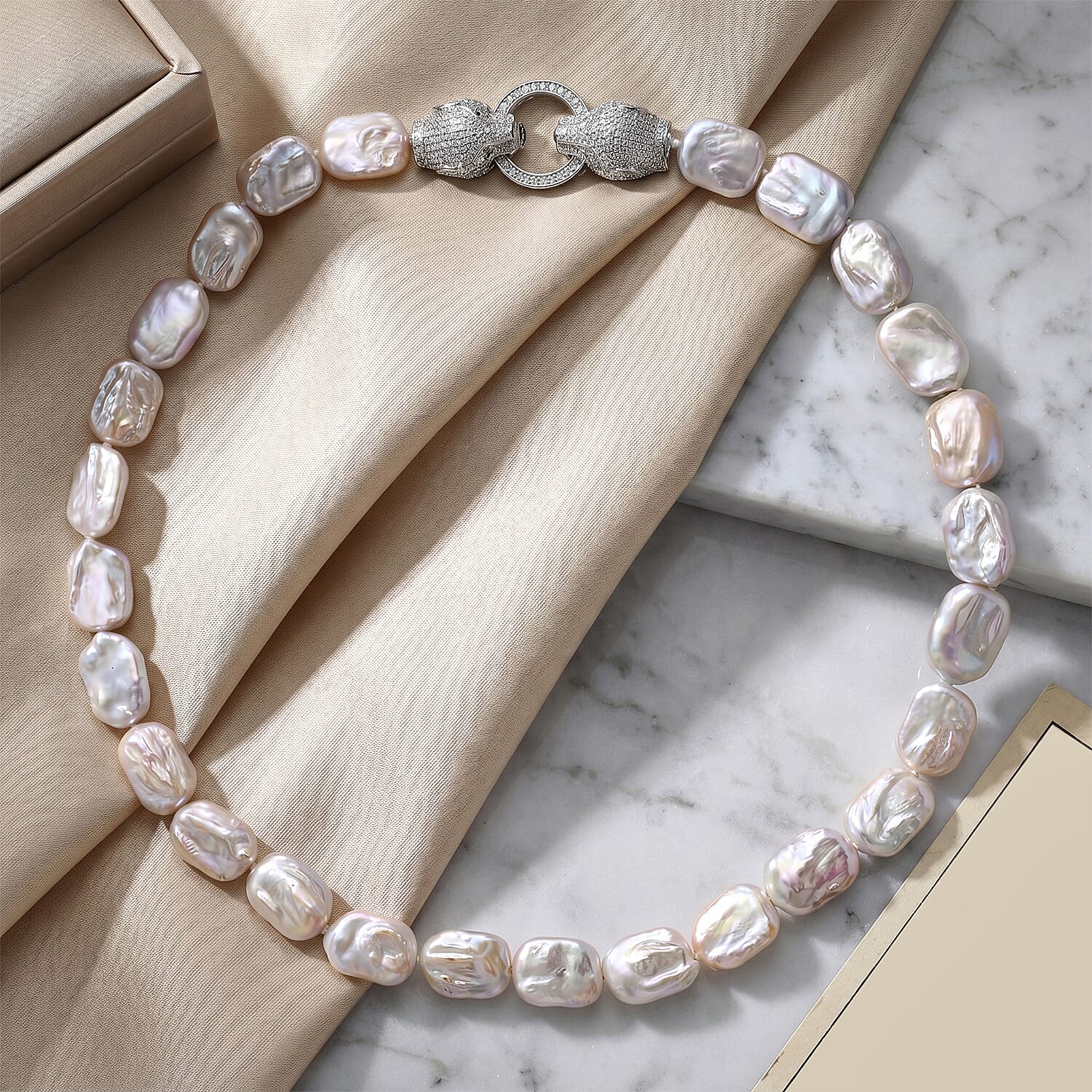 White Keshi Pearl, White Cubic Zirconia & Green Cubic Zirconia Beads Necklace with Clasp (Size - 20) 202.00 Ct.
