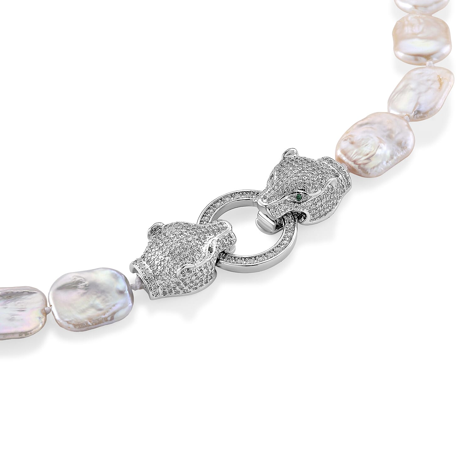White Keshi Pearl, White Cubic Zirconia & Green Cubic Zirconia Beads Necklace with Clasp (Size - 20) 202.00 Ct.
