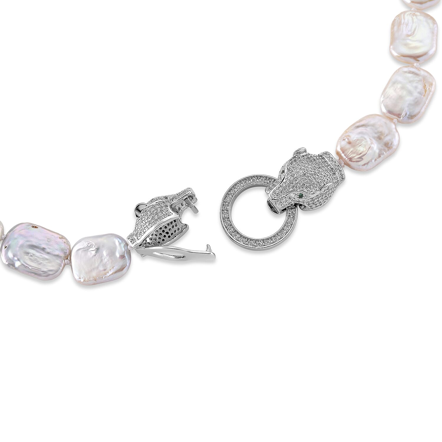White Keshi Pearl, White Cubic Zirconia & Green Cubic Zirconia Beads Necklace with Clasp (Size - 20) 202.00 Ct.