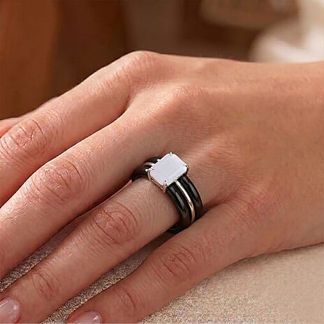 GP - White Jade, Blue Sapphire & Black Jade Ring in Rhodium OverlaySterling Silver 18.70 Ct.