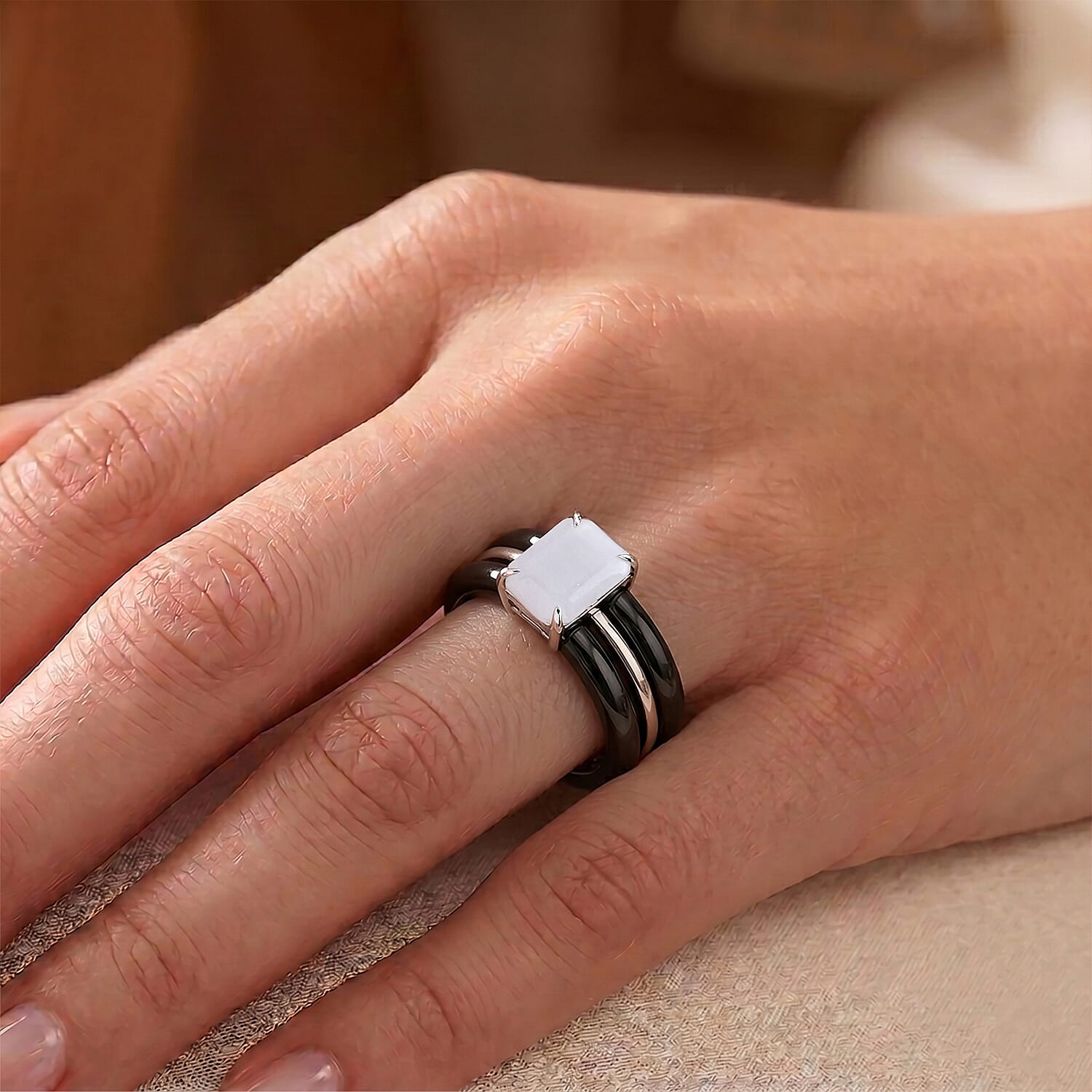 GP White Jade, Blue Sapphire, Black Jade Fancy Ring in Rhodium OverlaySterling Silver  22.910  Ct.