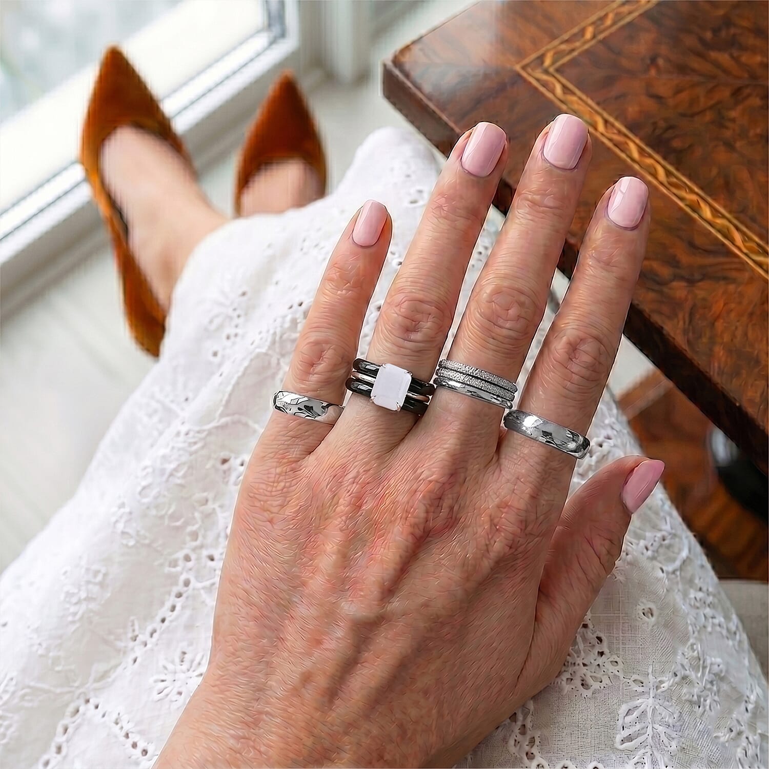 GP White Jade, Blue Sapphire, Black Jade Fancy Ring in Rhodium OverlaySterling Silver  22.910  Ct.