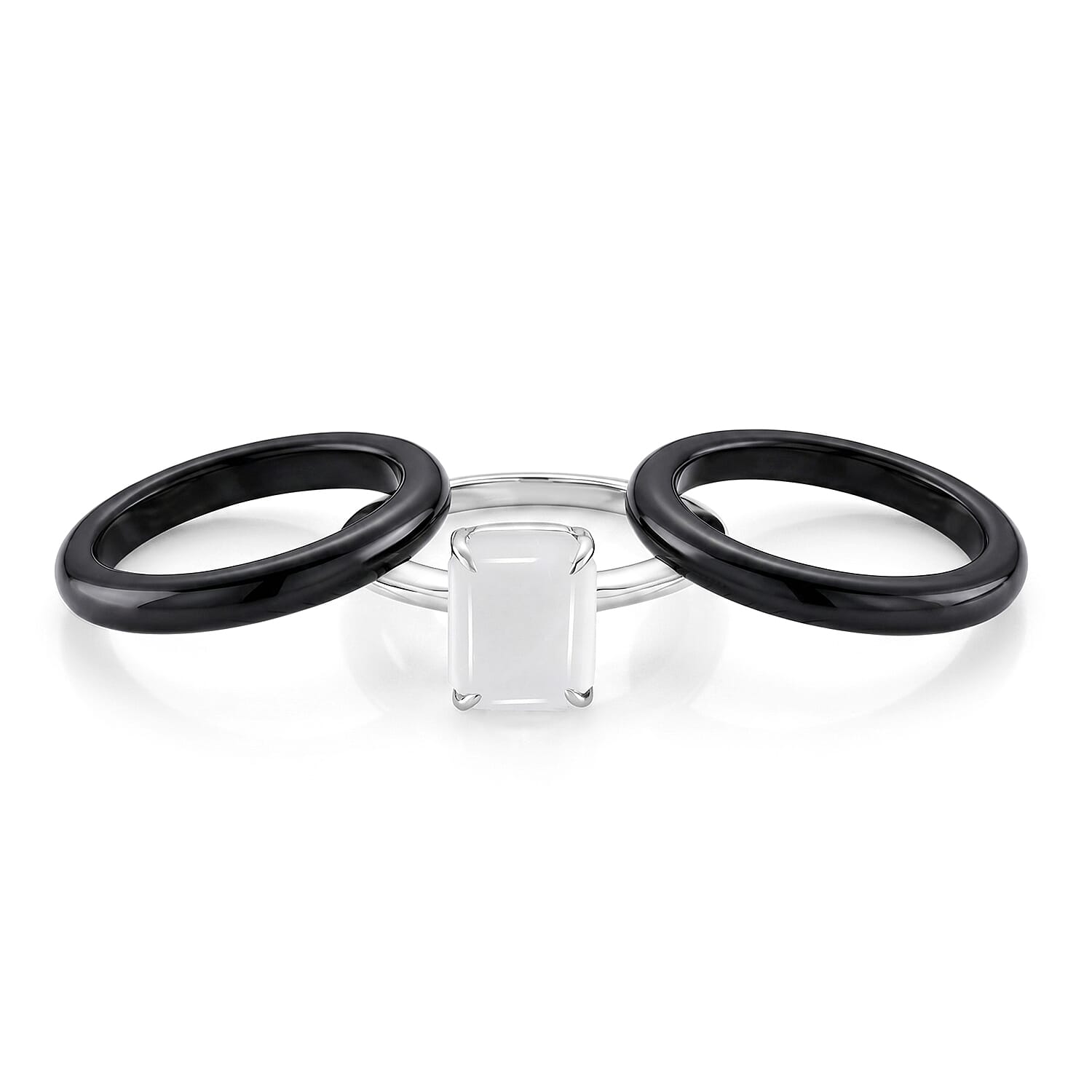 GP White Jade, Blue Sapphire, Black Jade Fancy Ring in Rhodium OverlaySterling Silver  22.910  Ct.