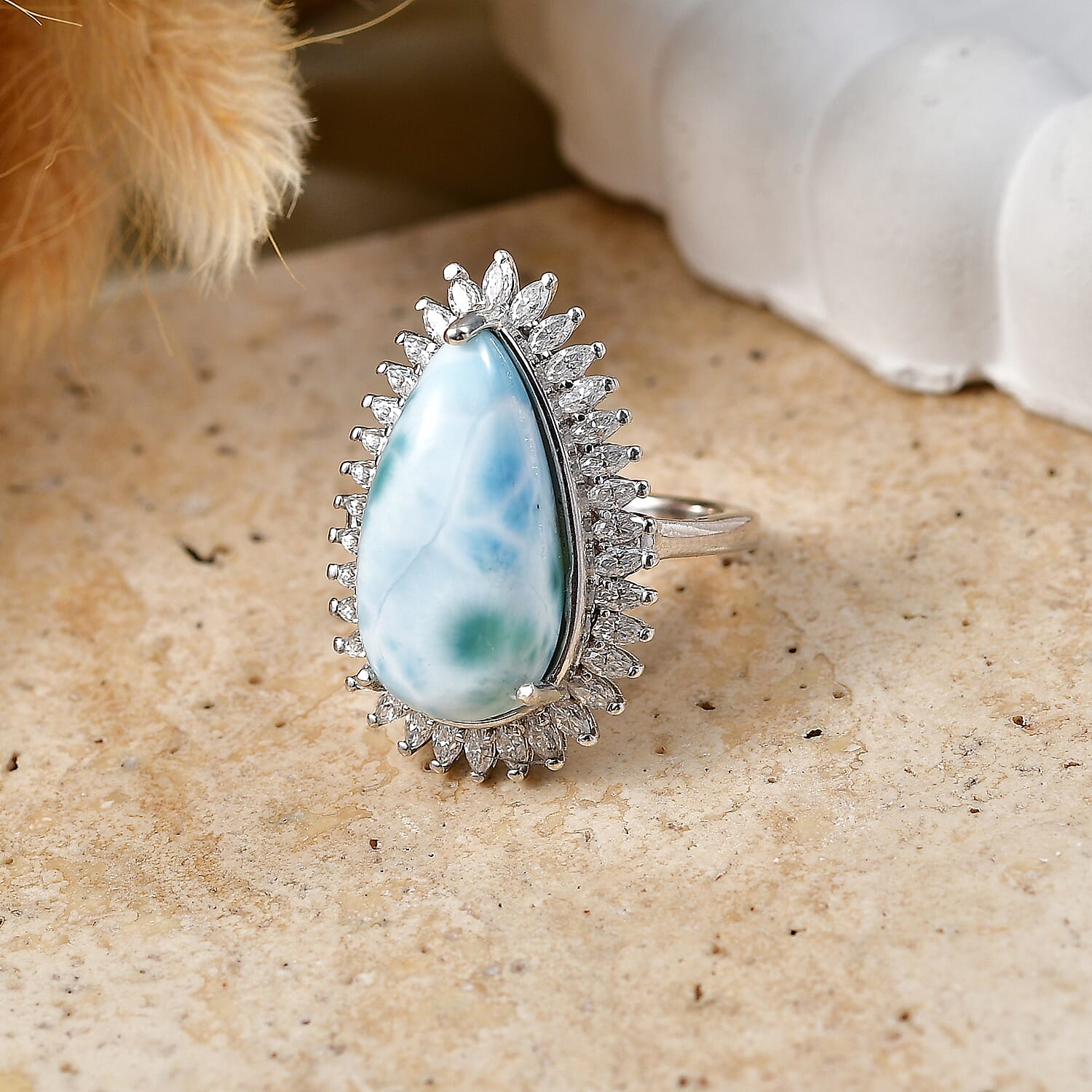 D'Joy - Larimar & Moissanite Halo Ring in Rhodium Overlay Sterling Silver 11.65 Ct.