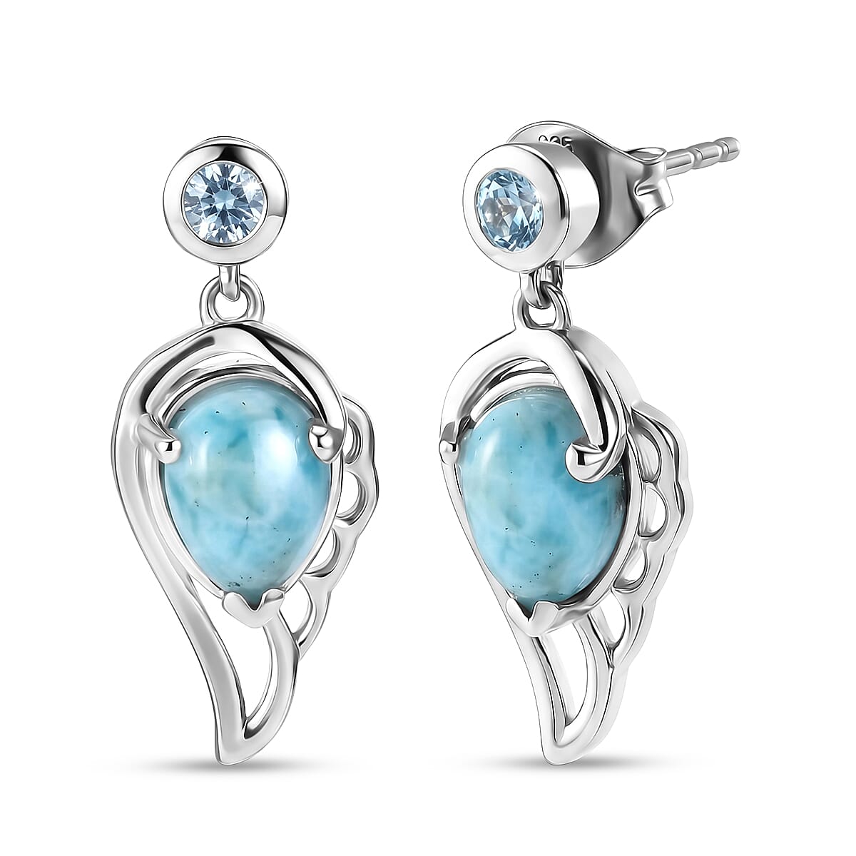 D'Joy - Larimar & Skyblue Topaz Dangling Earring with Push Post in Platinum Overlay Sterling Silver 3.00 Ct.