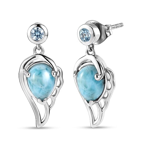 D'Joy - Larimar & Skyblue Topaz Dangling Earring with Push Post in Platinum Overlay Sterling Silver 3.00 Ct.