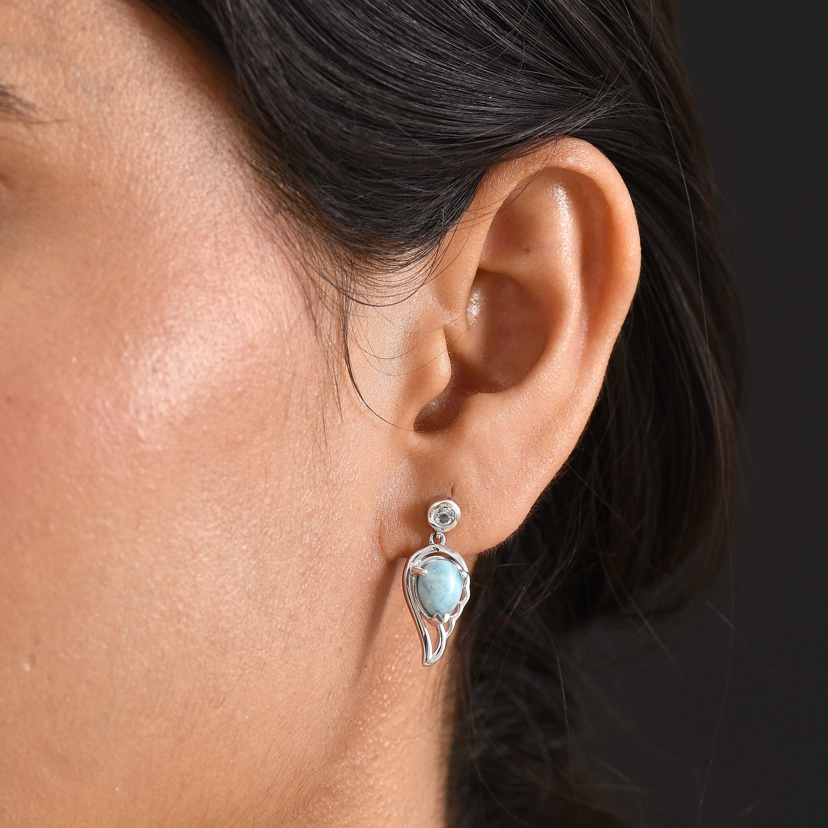 D'Joy - Larimar & Skyblue Topaz Dangling Earring with Push Post in Platinum Overlay Sterling Silver 3.00 Ct.