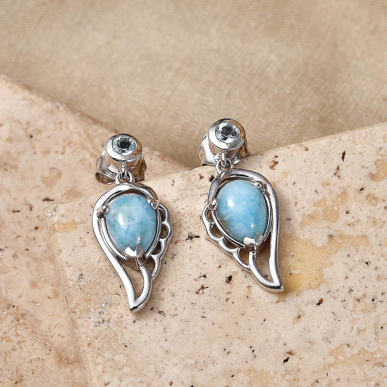 D'Joy - Larimar & Skyblue Topaz Dangling Earring with Push Post in Platinum Overlay Sterling Silver 3.00 Ct.