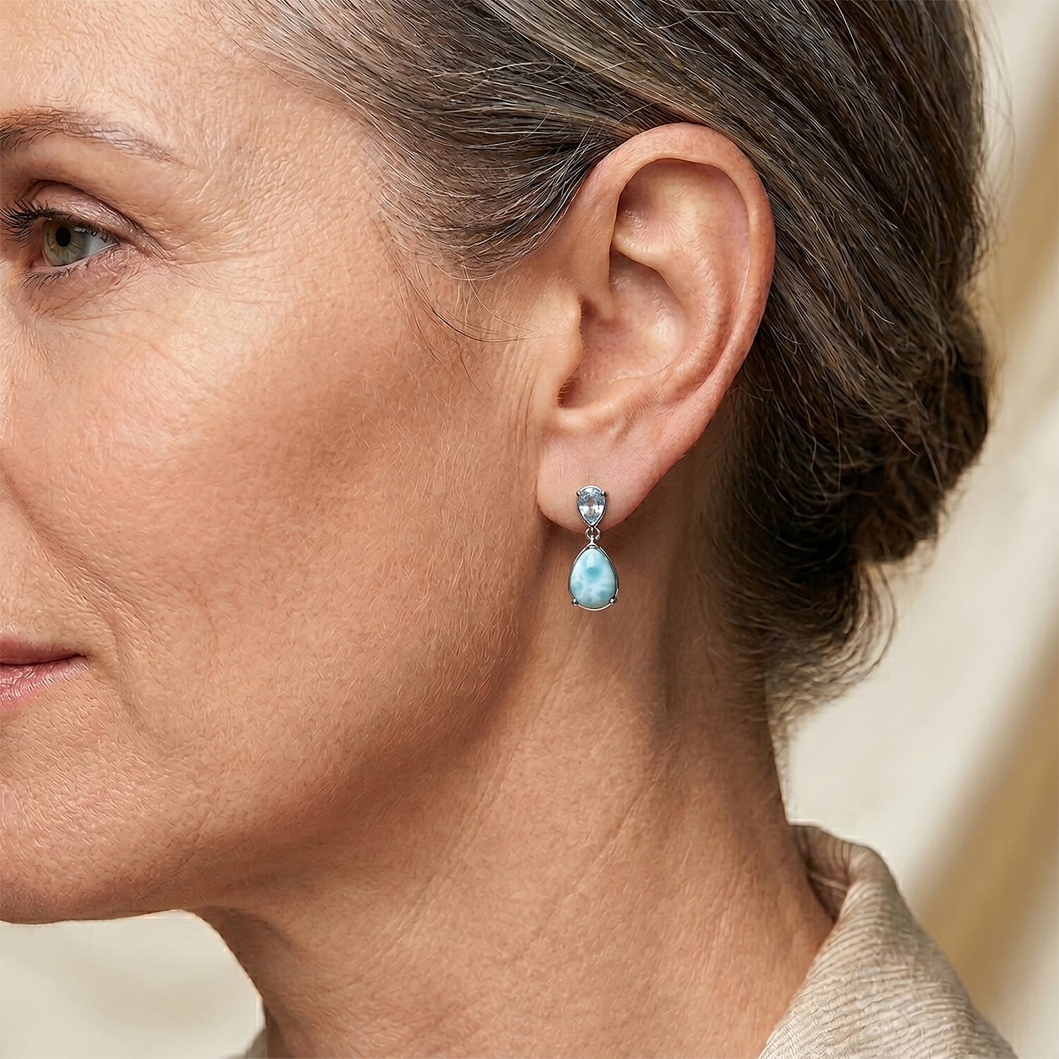 D'Joy - Larimar & Skyblue Topaz Dangling Earring with Push Post in Platinum Overlay Sterling Silver 2.78 Ct.
