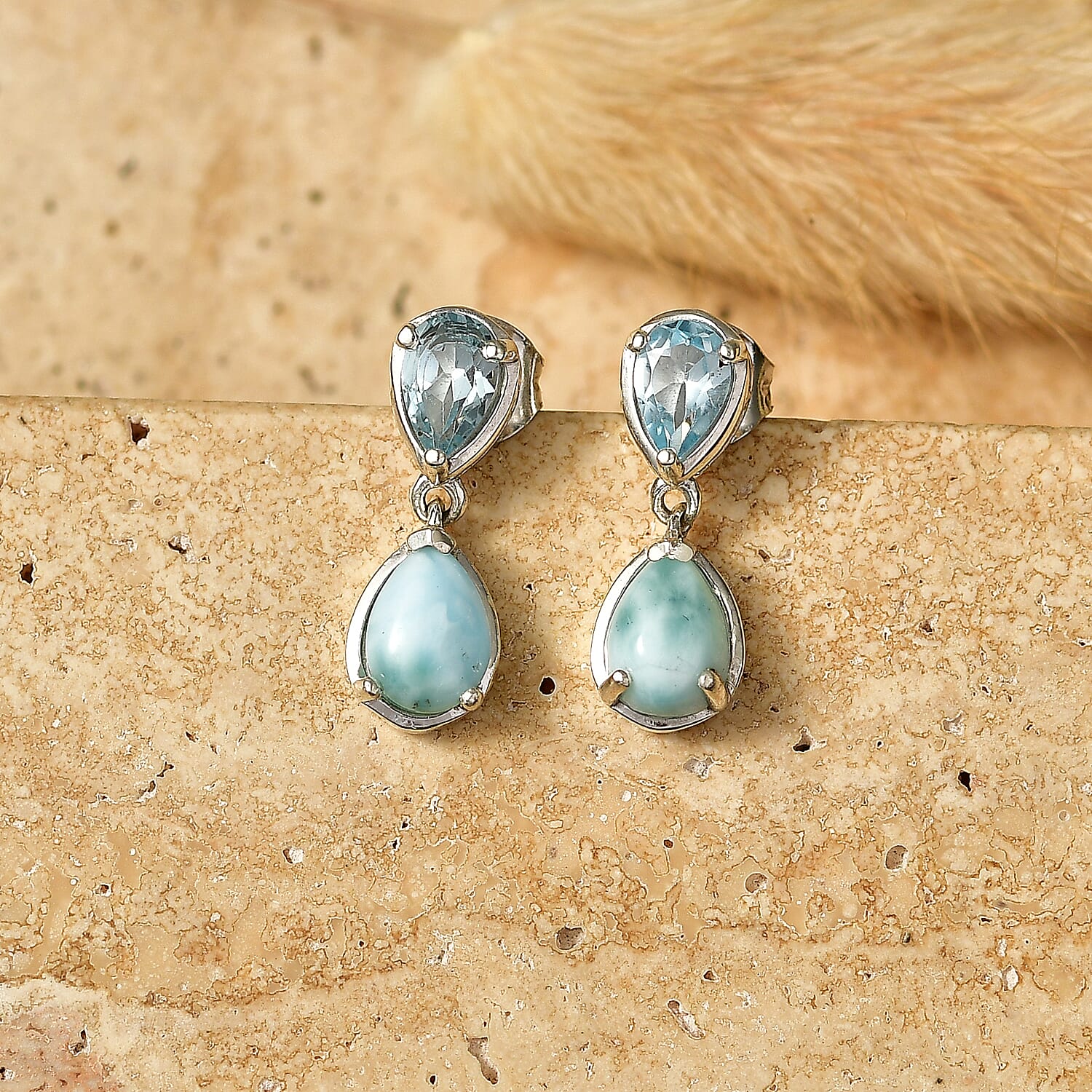 D'Joy - Larimar & Skyblue Topaz Dangling Earring with Push Post in Platinum Overlay Sterling Silver 2.78 Ct.