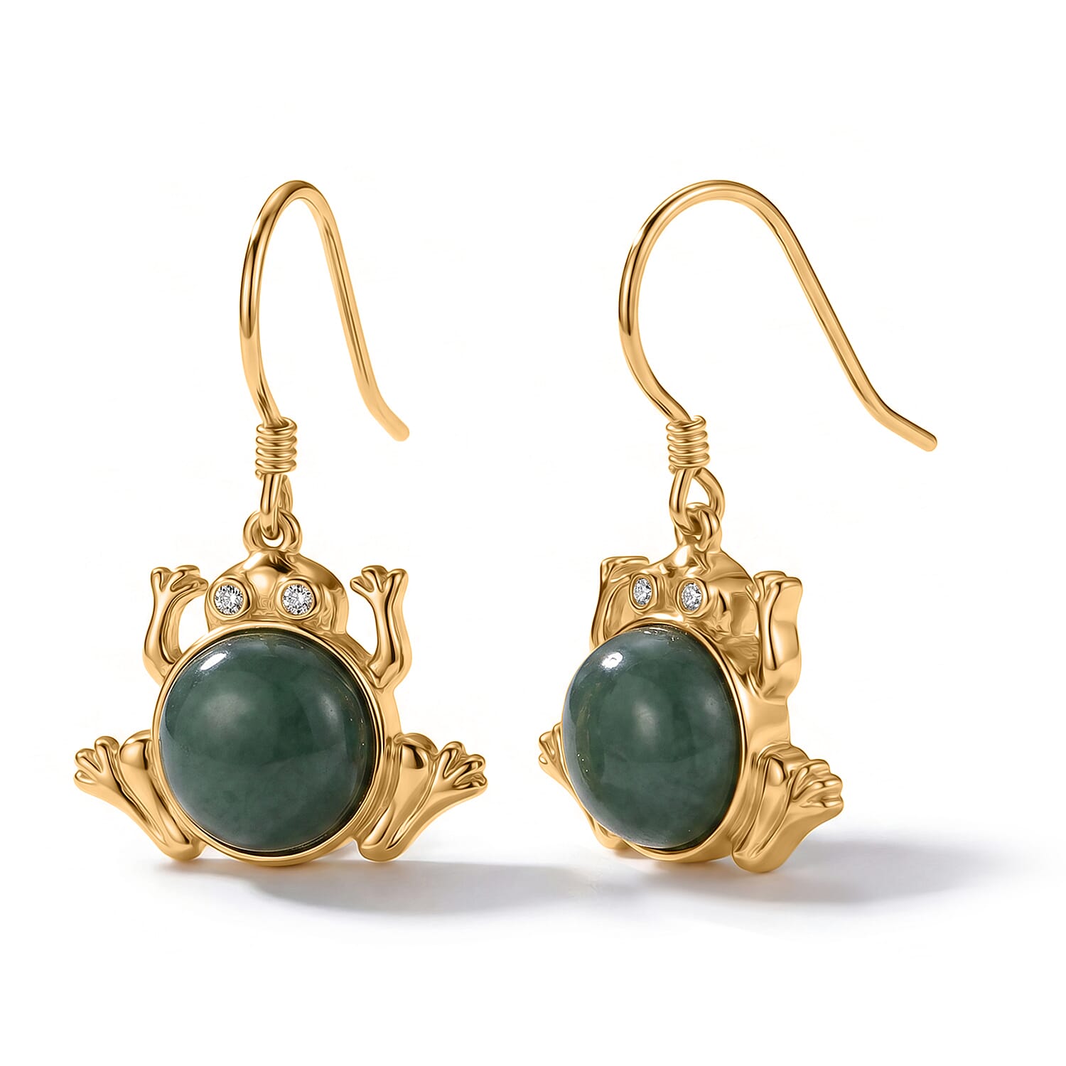 GP - Olmec Jadeite, White Zircon & Blue Sapphire Frog Earring with Hook in Yellow Gold Plated Sterling Silver 4.80 Ct.