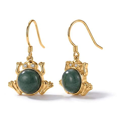 GP - Olmec Jadeite, White Zircon & Blue Sapphire Frog Earring with Hook in Yellow Gold Plated Sterling Silver 4.80 Ct.