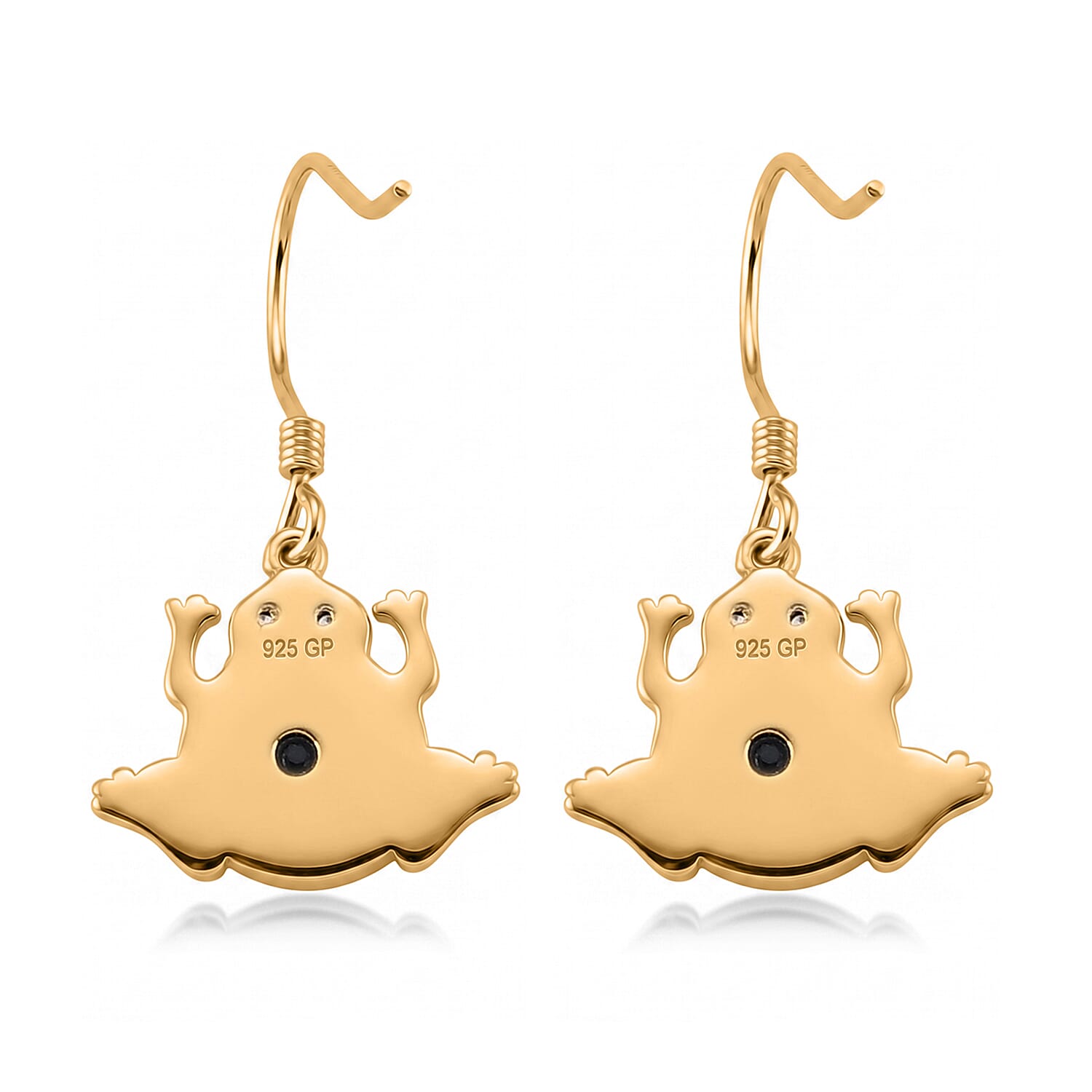 GP - Olmec Jadeite, White Zircon & Blue Sapphire Frog Earring with Hook in Yellow Gold Plated Sterling Silver 4.80 Ct.