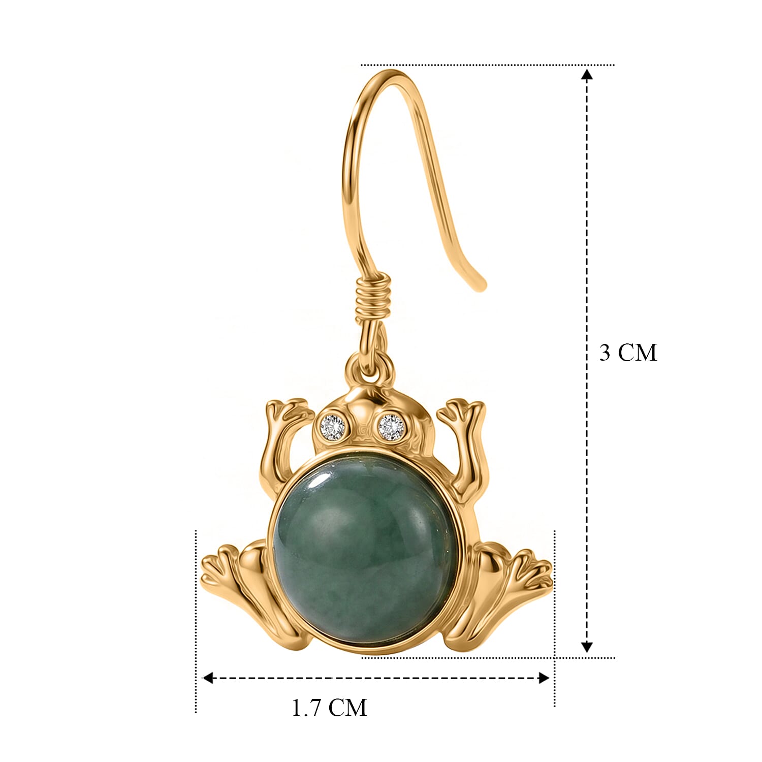 GP - Olmec Jadeite, White Zircon & Blue Sapphire Frog Earring with Hook in Yellow Gold Plated Sterling Silver 4.80 Ct.