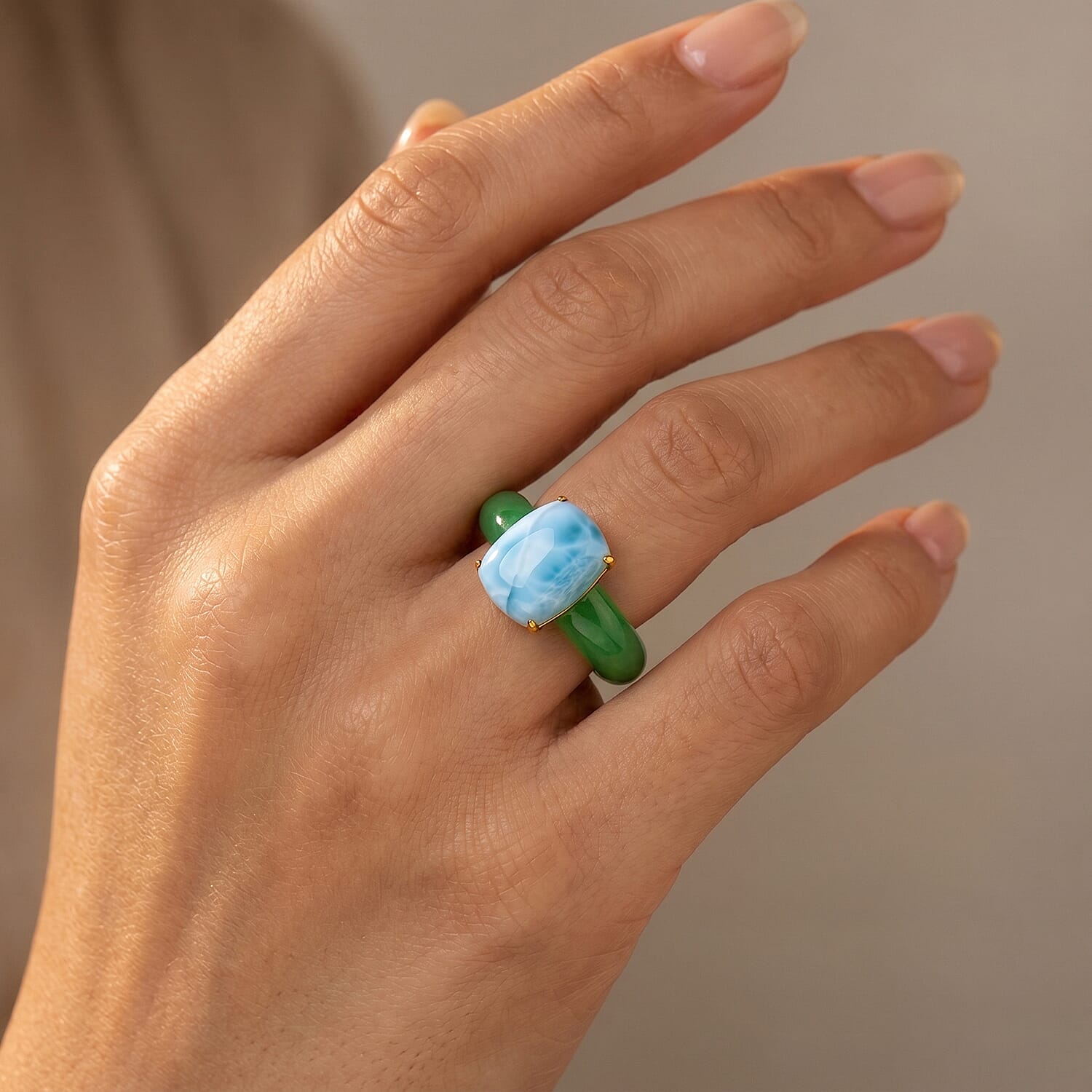 D'Joy - Natural Larimar & Enhanced Green Jade Solitaire Ring in Yellow Gold Plated Sterling Silver 15.00 Ct.