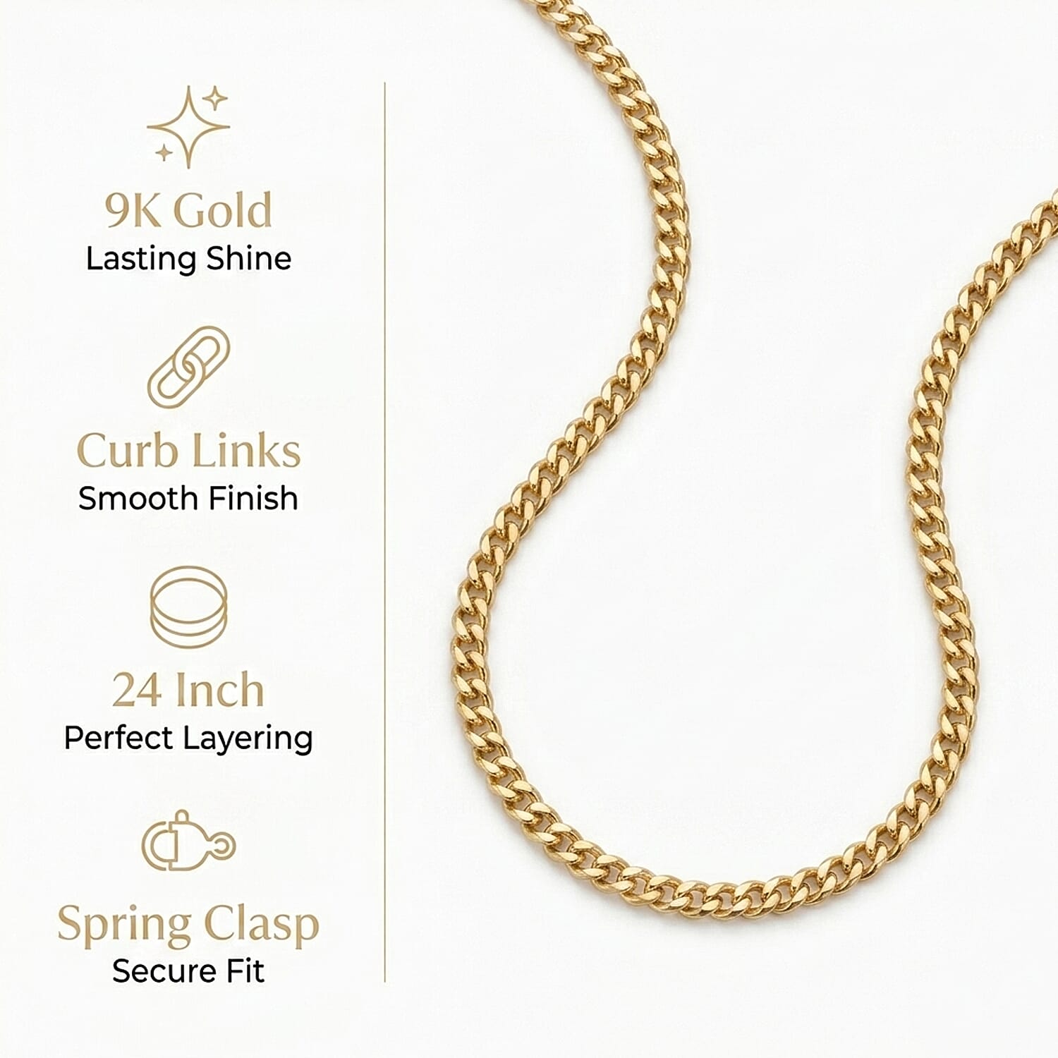 9K Yellow Gold Curb Chain (Size - 24) with Spring Ring Clasp