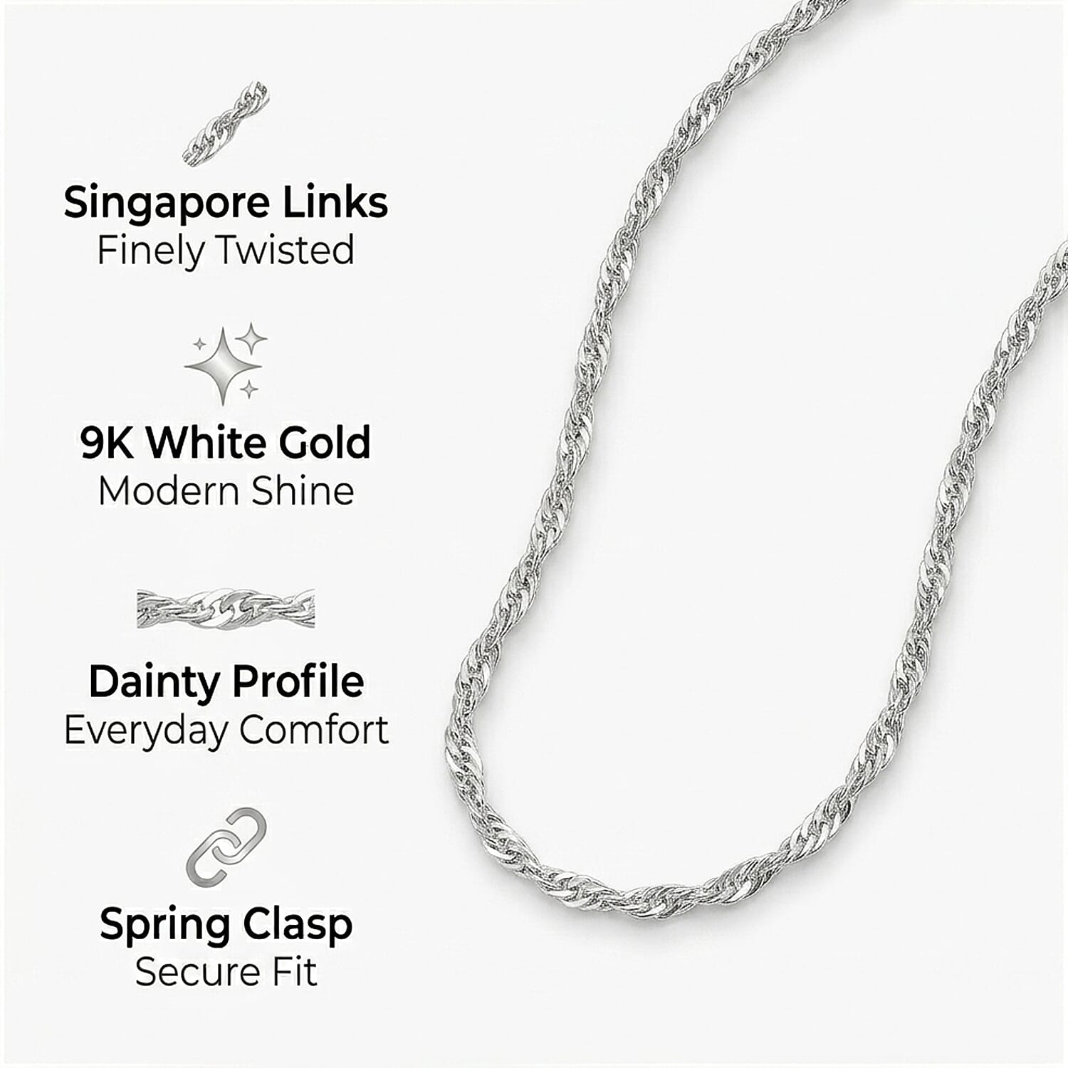 9K White Gold Curb Chain with Spring Ring Clasp (Size - 16)