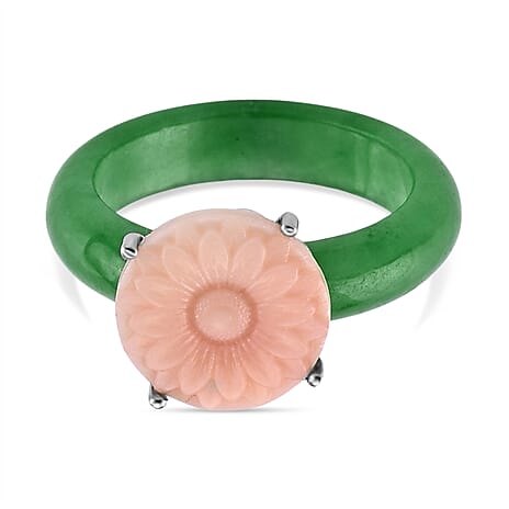 D'Joy Pink Mother Of Pearl, Dyed Green Jade Ring in Rhodium OverlaySterling Silver  30.500  Ct.