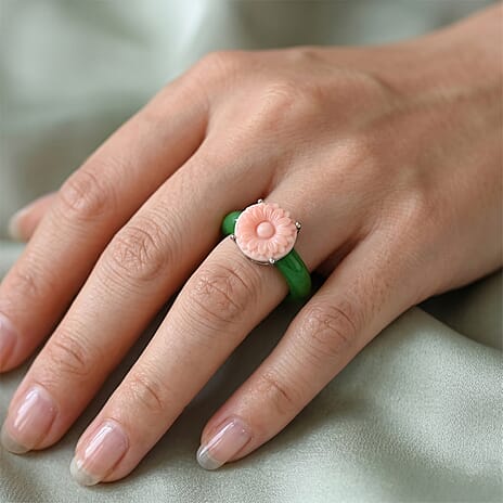 D'Joy - Pink Mother Of Pearl & Dyed Green Jade Floral Ring in Rhodium Overlay Sterling Silver 14.64 Ct.