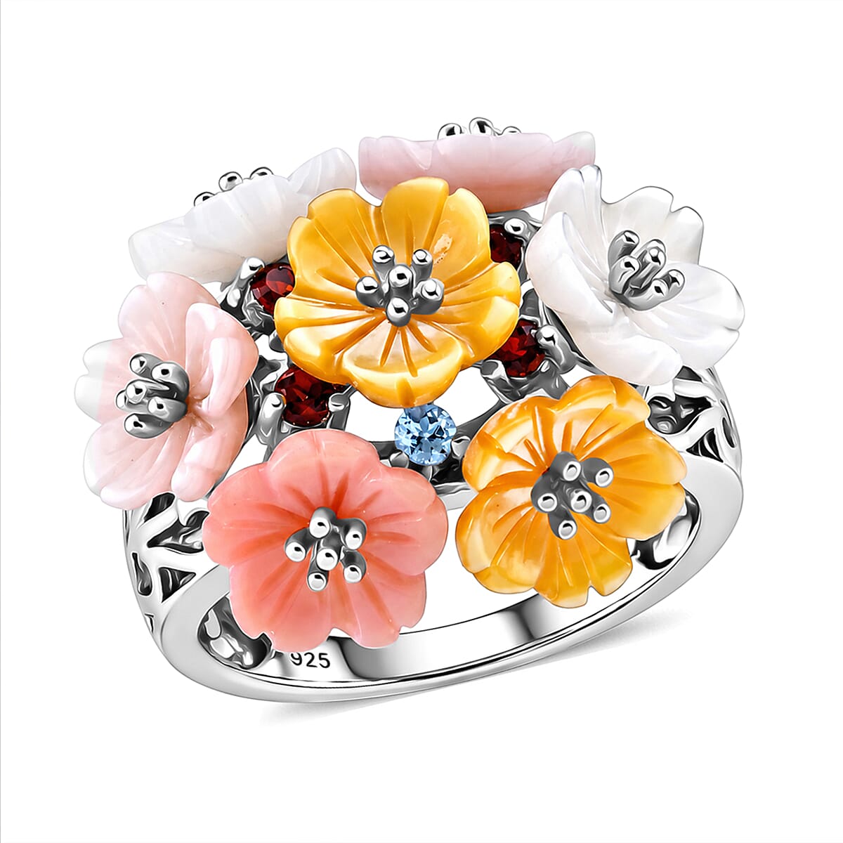 D'Joy - Purple Mother of Pearl & Multi Gemstones Floral Ring in Rhodium Overlay Sterling Silver 8.70 Ct.