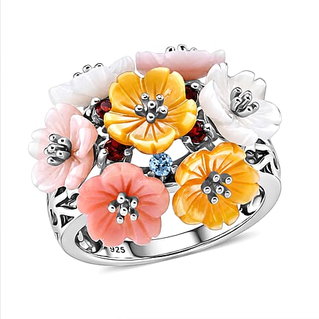 D'Joy - Purple Mother of Pearl & Multi Gemstones Floral Ring in Rhodium Overlay Sterling Silver 8.70 Ct.