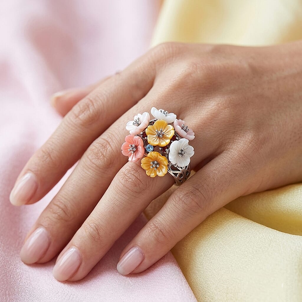 D'Joy Purple Mother of Pearl Multi Gemstones Ring in Rhodium OverlaySterling Silver Silver Wt.5 Gms 8.700 Ct.