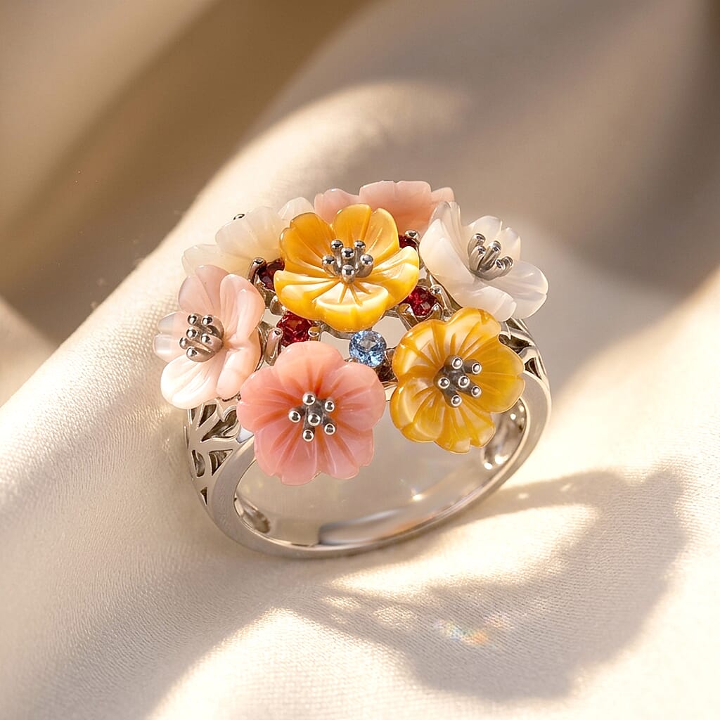 D'Joy - Purple Mother of Pearl & Multi Gemstones Floral Ring in Rhodium Overlay Sterling Silver 8.70 Ct.