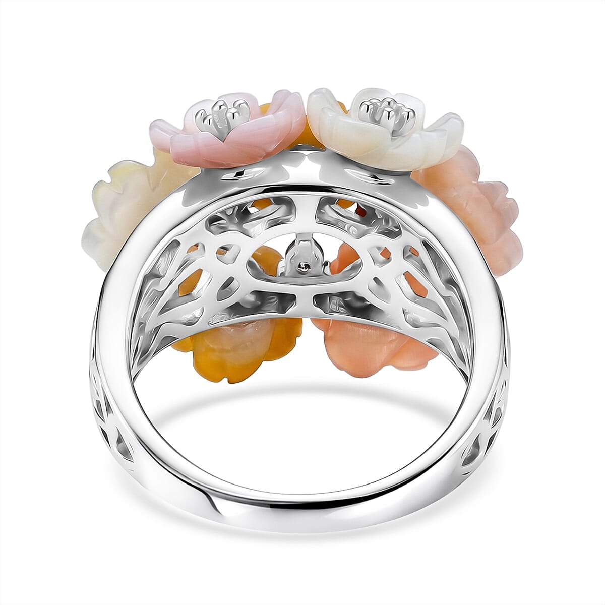 D'Joy - Purple Mother of Pearl & Multi Gemstones Floral Ring in Rhodium Overlay Sterling Silver 8.70 Ct.