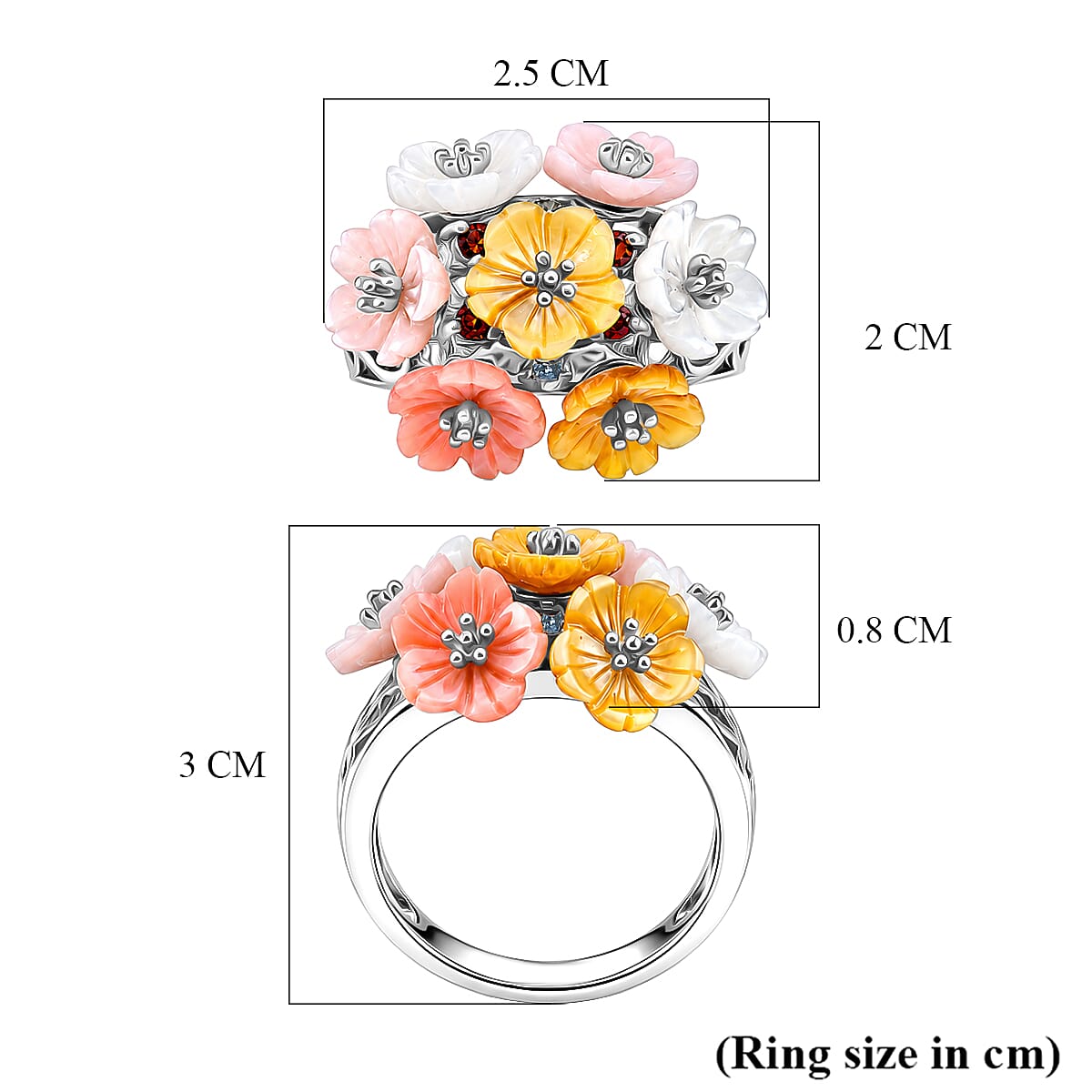 D'Joy - Purple Mother of Pearl & Multi Gemstones Floral Ring in Rhodium Overlay Sterling Silver 8.70 Ct.