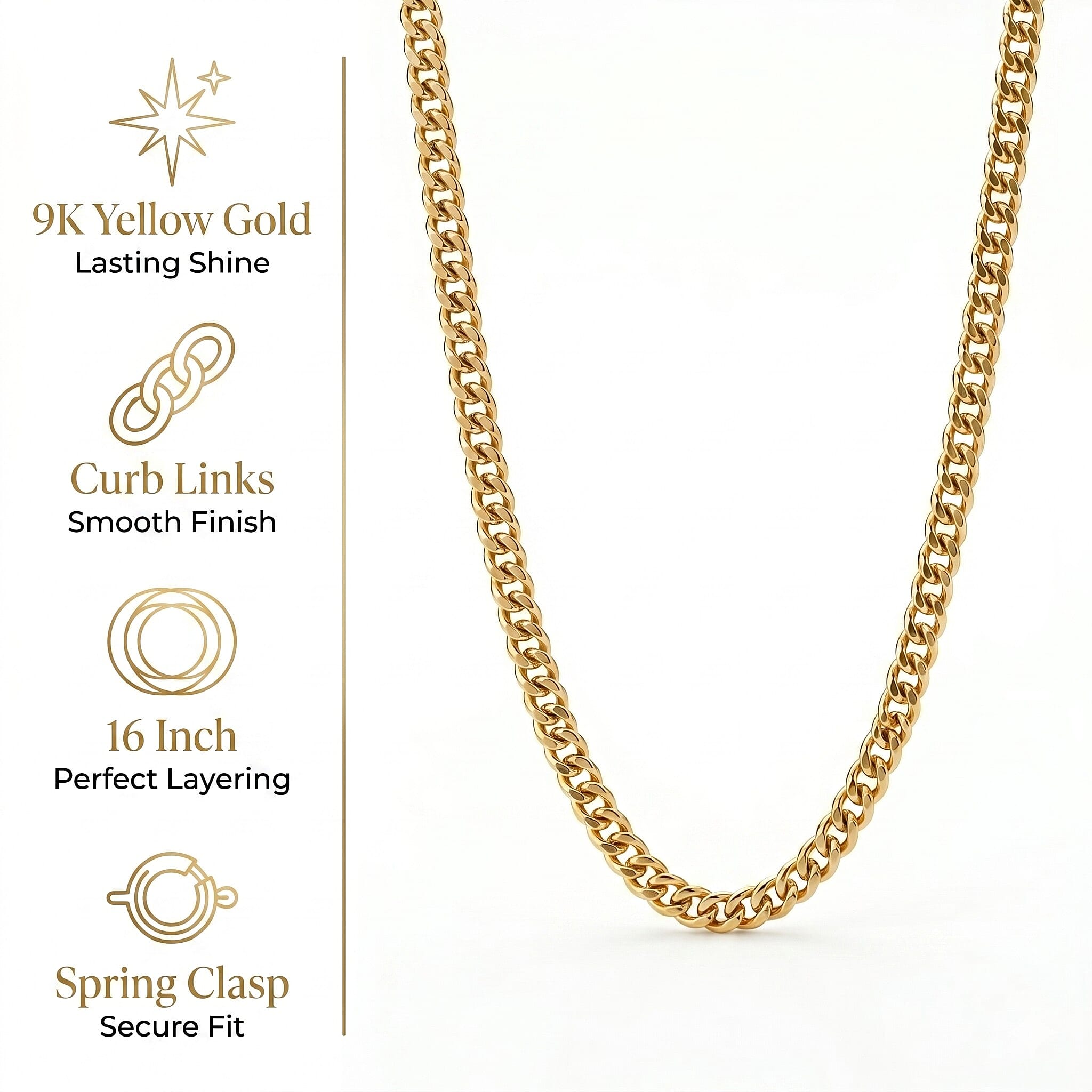 9K Yellow Gold Curb Chain with Spring Ring Clasp