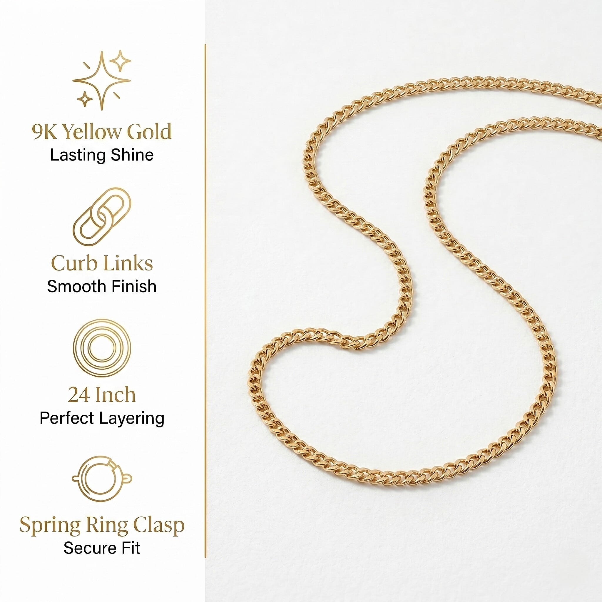 9K Yellow Gold Hollow Curb Chain (Size - 24) with Spring Ring Clasp