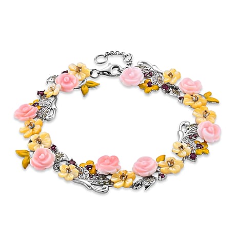 D'Joy - Pink Mother Of Pearl & Multi Gemstones Adjustable Floral Bracelet (Size - 7-1 Ext) in Rhodium Overlay Sterling Silver.