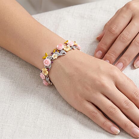 Jardin Collection-Pink Mother Of Pearl and Multi Gemstones Adjustable Floral Bracelet (Size - 7-1 Ext) in Rhodium Overlay Sterling Silver